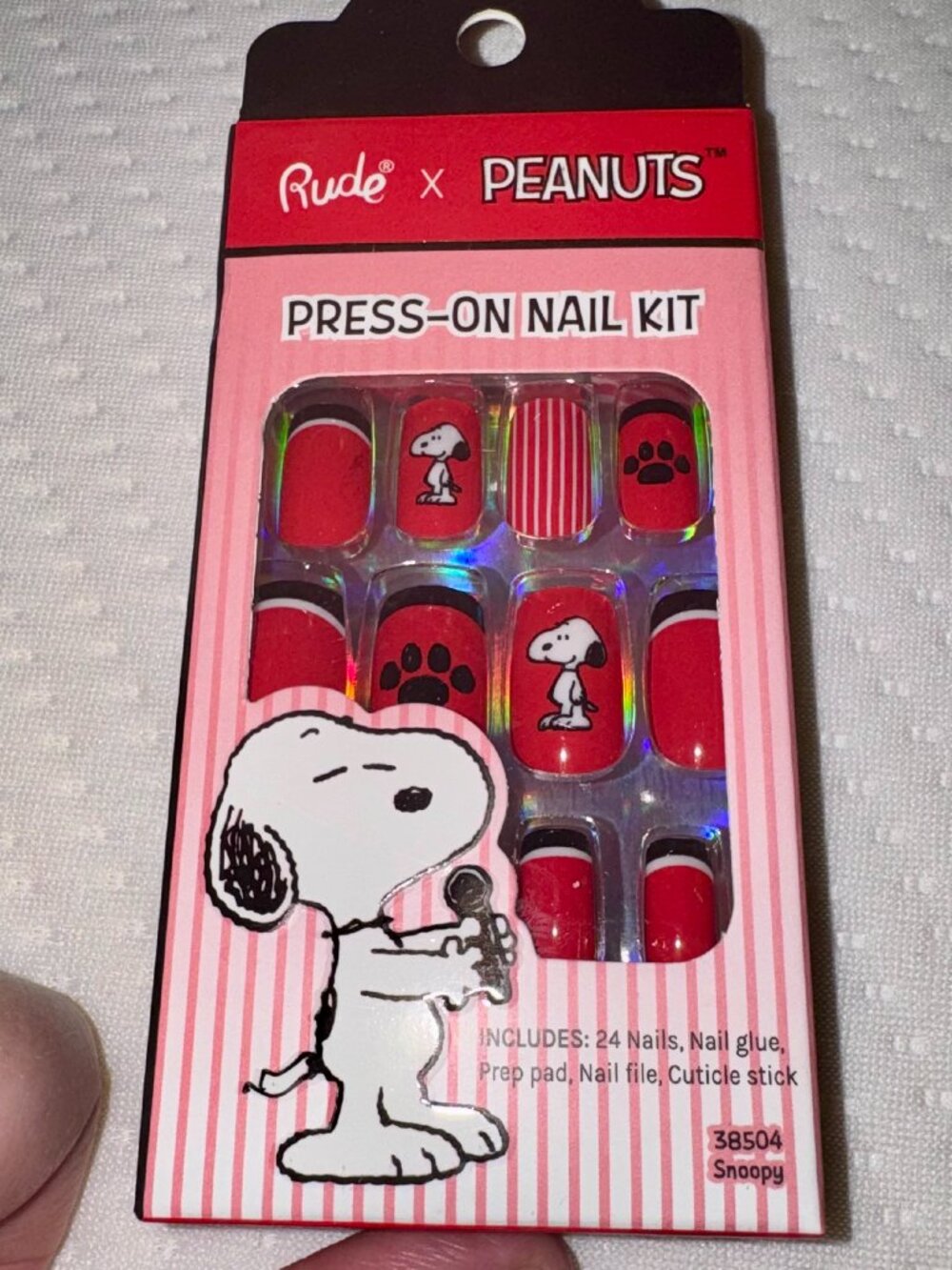 Rude x Peanuts Glossy Press On Nails 24 Kit, Square, Red Black, Snoopy #38504